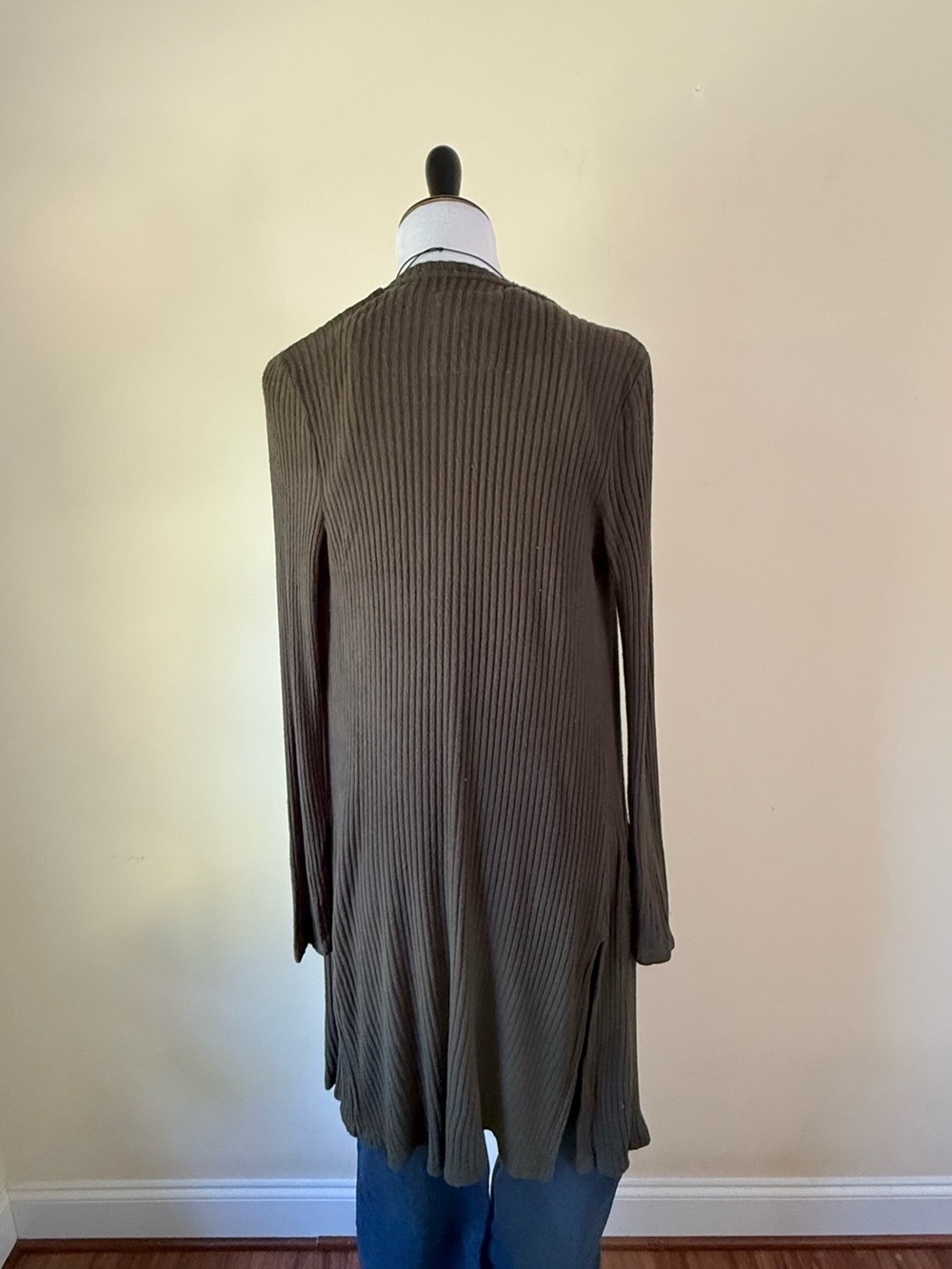 Long Ribbed Open Cardigan - Olive Green - Picture 3 of 5